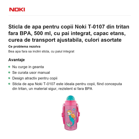 Sticla de apa pentru copii Noki T-0107 din tritan fara BPA, 500 ml, cu pai integrat, capac etans, curea de transport ajustabila, culori asortate [1]
