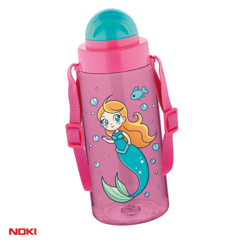 Sticle si recipiente apa - Sticla de apa pentru copii Noki T-0107 din tritan fara BPA, 500 ml, cu pai integrat, capac etans, curea de transport ajustabila, culori asortate