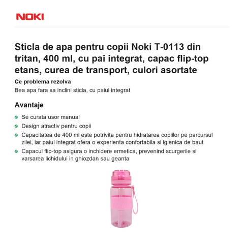 Sticla de apa pentru copii Noki T-0113 din tritan, 400 ml, cu pai integrat, capac flip-top etans, curea de transport, culori asortate [1]