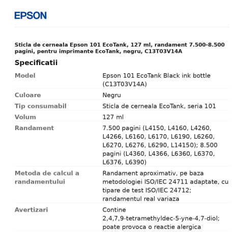 Sticla de cerneala Epson 101 EcoTank, 127 ml, randament 7.500-8.500 pagini, pentru imprimante EcoTank, negru, C13T03V14A [2]