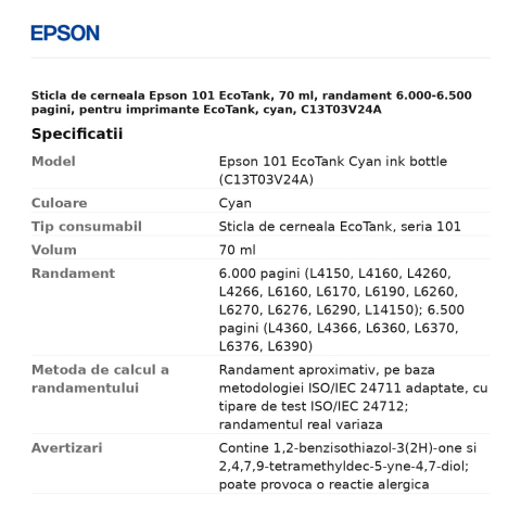 Sticla de cerneala Epson 101 EcoTank, 70 ml, randament 6.000-6.500 pagini, pentru imprimante EcoTank, cyan, C13T03V24A [2]