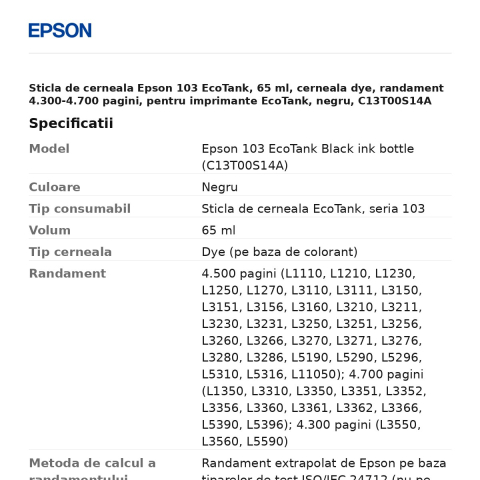 Sticla de cerneala Epson 103 EcoTank, 65 ml, cerneala dye, randament 4.300-4.700 pagini, pentru imprimante EcoTank, negru, C13T00S14A [2]