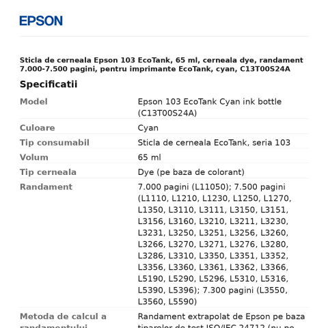 Sticla de cerneala Epson 103 EcoTank, 65 ml, cerneala dye, randament 7.000-7.500 pagini, pentru imprimante EcoTank, cyan, C13T00S24A [2]