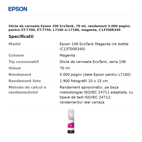 Sticla de cerneala Epson 106 EcoTank, 70 ml, randament 5.000 pagini, pentru ET-7700, ET-7750, L7160 si L7180, magenta, C13T00R340 [2]