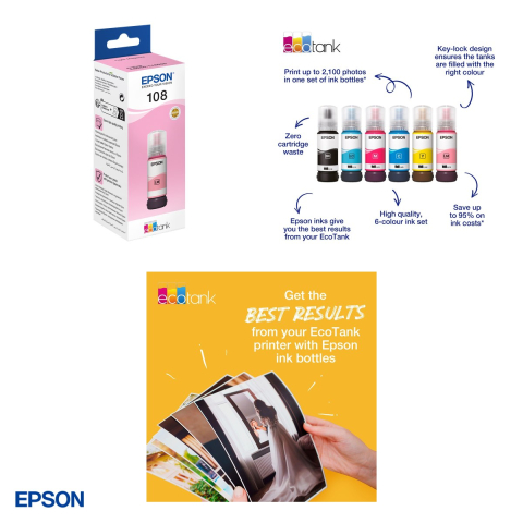 Sticla de cerneala Epson 108 EcoTank, 70 ml, cerneala dye, randament 7.200 pagini, pentru L8050 si L18050, magenta deschis (Light Magenta), C13T09C64A [3]
