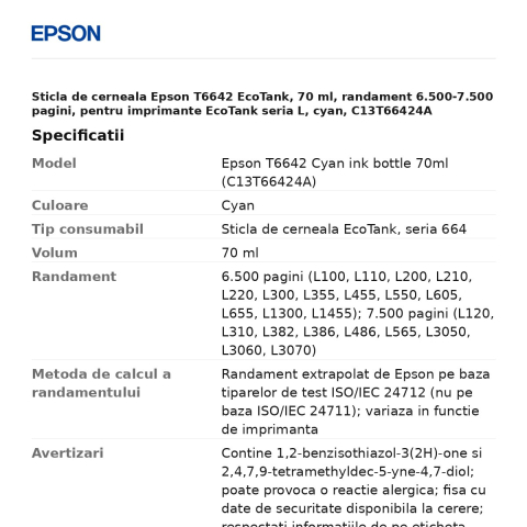 Sticla de cerneala Epson T6642 EcoTank, 70 ml, randament 6.500-7.500 pagini, pentru imprimante EcoTank seria L, cyan, C13T66424A [2]