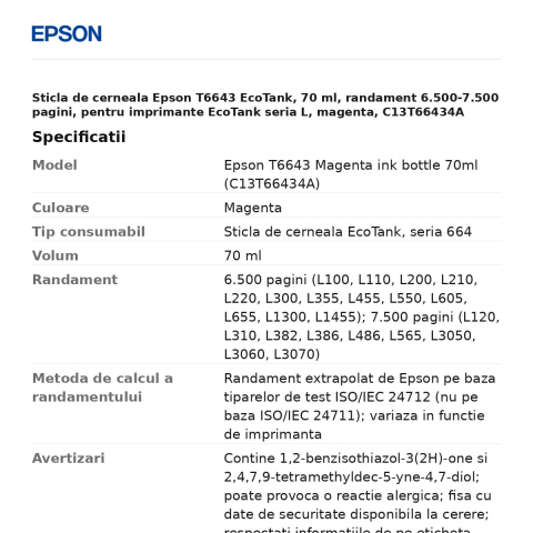 Sticla de cerneala Epson T6643 EcoTank, 70 ml, randament 6.500-7.500 pagini, pentru imprimante EcoTank seria L, magenta, C13T66434A [2]