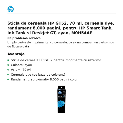 Sticla de cerneala HP GT52, 70 ml, cerneala dye, randament 8.000 pagini, pentru HP Smart Tank, Ink Tank si DeskJet GT, cyan, M0H54AE [1]