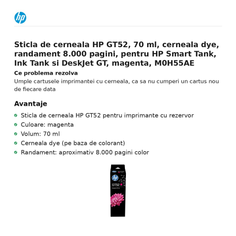 Sticla de cerneala HP GT52, 70 ml, cerneala dye, randament 8.000 pagini, pentru HP Smart Tank, Ink Tank si DeskJet GT, magenta, M0H55AE [1]