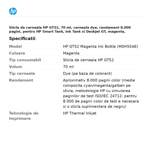 Sticla de cerneala HP GT52, 70 ml, cerneala dye, randament 8.000 pagini, pentru HP Smart Tank, Ink Tank si DeskJet GT, magenta, M0H55AE [2]