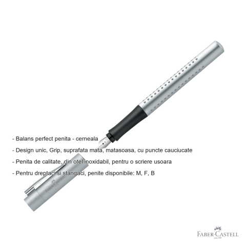 Stilou Faber-Castell Grip 2011 argintiu, penita M din otel inoxidabil, pentru dreptaci si stangaci [1]