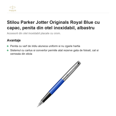 Stilou Parker Jotter Originals Royal Blue cu capac, penita din otel inoxidabil, albastru [1]