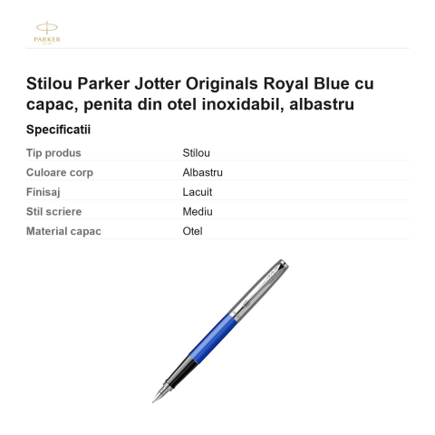 Stilou Parker Jotter Originals Royal Blue cu capac, penita din otel inoxidabil, albastru [2]