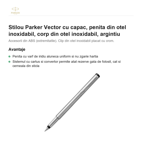 Stilou Parker Vector cu capac, penita din otel inoxidabil, corp din otel inoxidabil, argintiu [1]