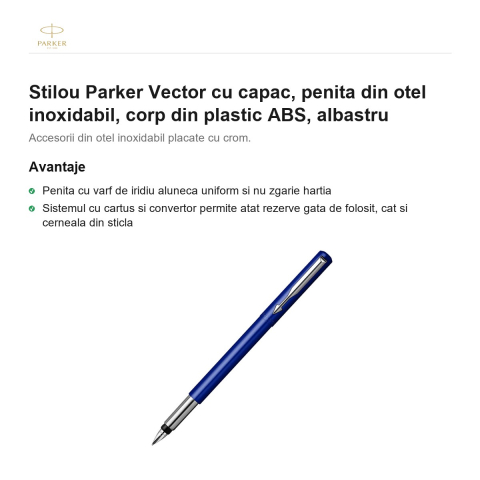 Stilou Parker Vector cu capac, penita din otel inoxidabil, corp din plastic ABS, albastru [1]