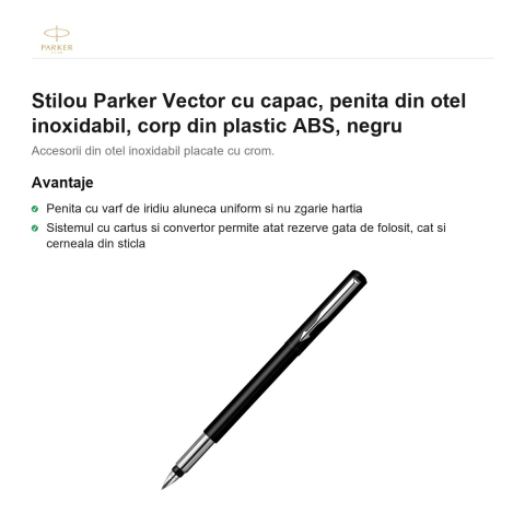 Stilou Parker Vector cu capac, penita din otel inoxidabil, corp din plastic ABS, negru [1]