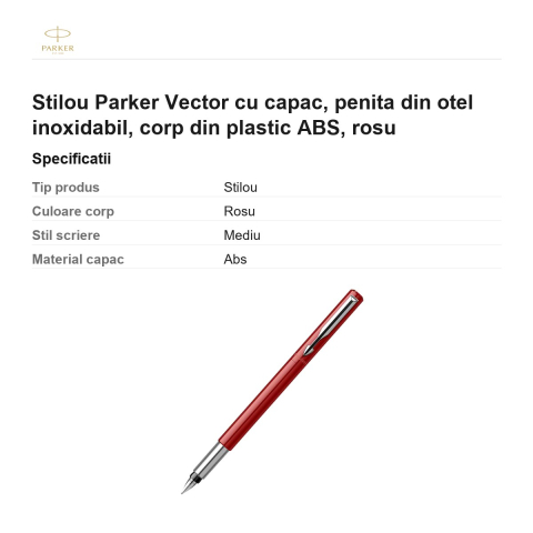 Stilou Parker Vector cu capac, penita din otel inoxidabil, corp din plastic ABS, rosu [2]