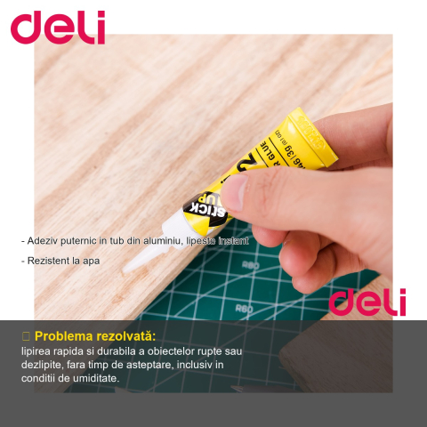 Superglue Deli 3g, adeziv instant puternic in tub aluminiu, rezistent la apa [1]