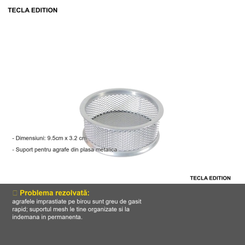 Suport agrafe metalic Tecla Edition, model mesh argintiu, pentru birou organizat [1]