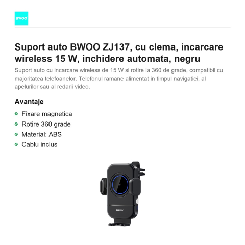 Suport auto BWOO ZJ137, cu clema, incarcare wireless 15 W, inchidere automata, negru [1]