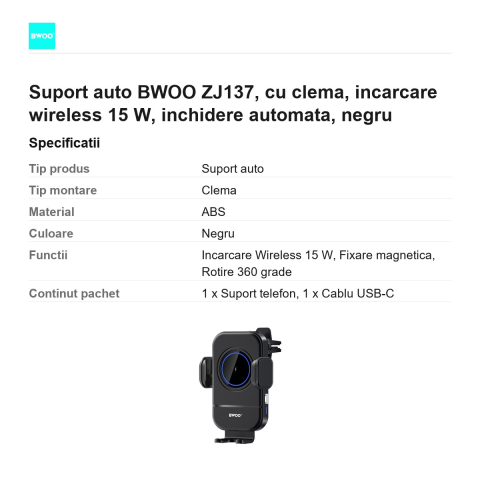 Suport auto BWOO ZJ137, cu clema, incarcare wireless 15 W, inchidere automata, negru [2]