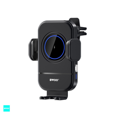 Accesorii IT - Suport auto BWOO ZJ137, cu clema, incarcare wireless 15 W, inchidere automata, negru