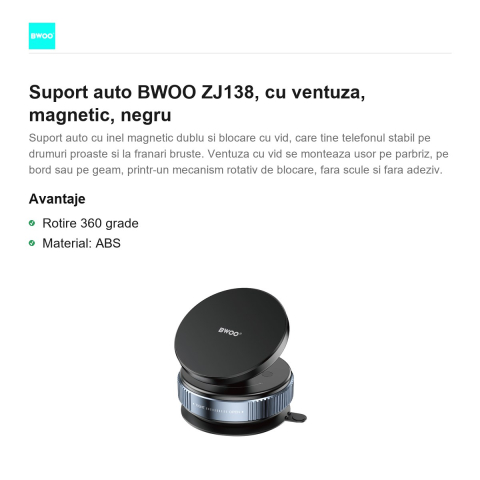 Suport auto BWOO ZJ138, cu ventuza, magnetic, negru [1]