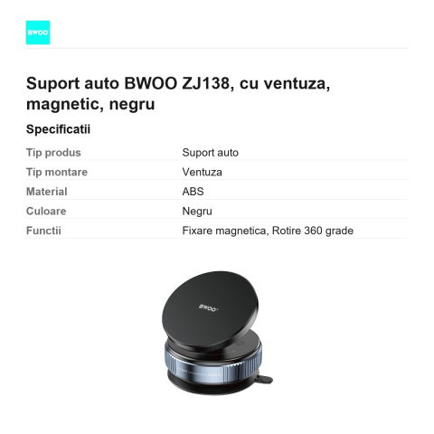 Suport auto BWOO ZJ138, cu ventuza, magnetic, negru [2]