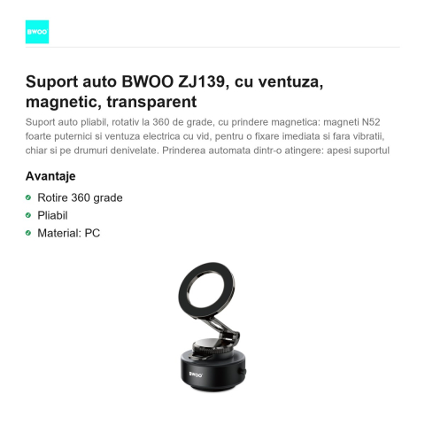 Suport auto BWOO ZJ139, cu ventuza, magnetic, transparent [1]