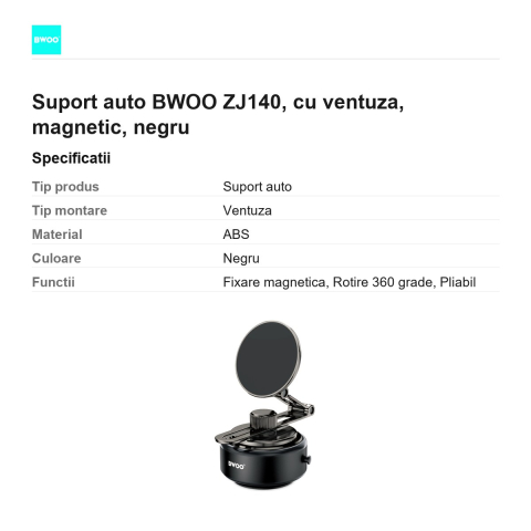 Suport auto BWOO ZJ140, cu ventuza, magnetic, negru [2]