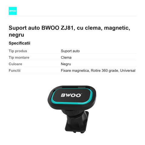 Suport auto BWOO ZJ81, cu clema, magnetic, negru [2]