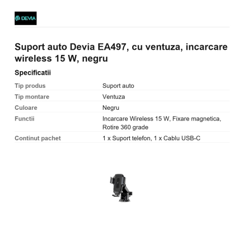 Suport auto Devia EA497, cu ventuza, incarcare wireless 15 W, negru [2]
