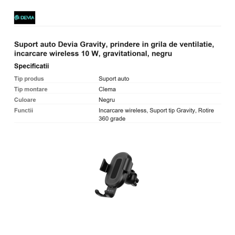Suport auto Devia Gravity, prindere in grila de ventilatie, incarcare wireless 10 W, gravitational, negru [2]