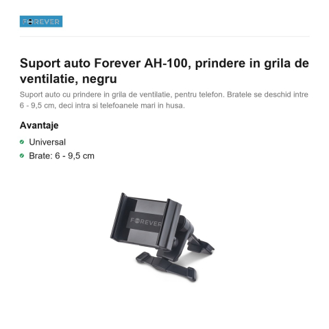 Suport auto Forever AH-100, prindere in grila de ventilatie, negru [1]