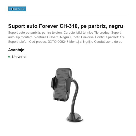 Suport auto Forever CH-310, pe parbriz, negru [1]