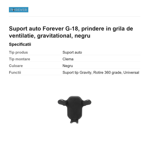 Suport auto Forever G-18, prindere in grila de ventilatie, gravitational, negru [2]
