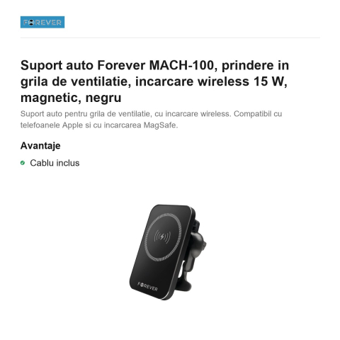 Suport auto Forever MACH-100, prindere in grila de ventilatie, incarcare wireless 15 W, magnetic, negru [1]