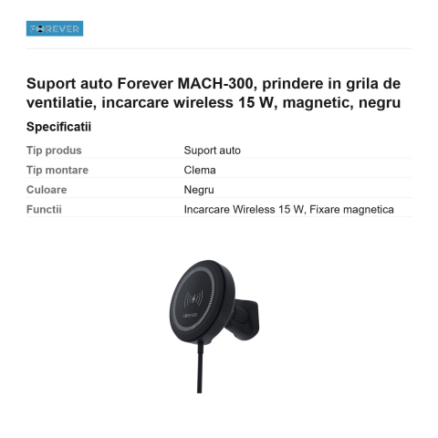 Suport auto Forever MACH-300, prindere in grila de ventilatie, incarcare wireless 15 W, magnetic, negru [2]