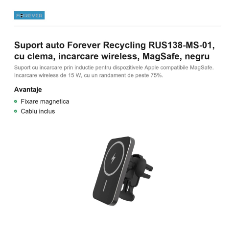 Suport auto Forever Recycling RUS138-MS-01, cu clema, incarcare wireless, MagSafe, negru [1]