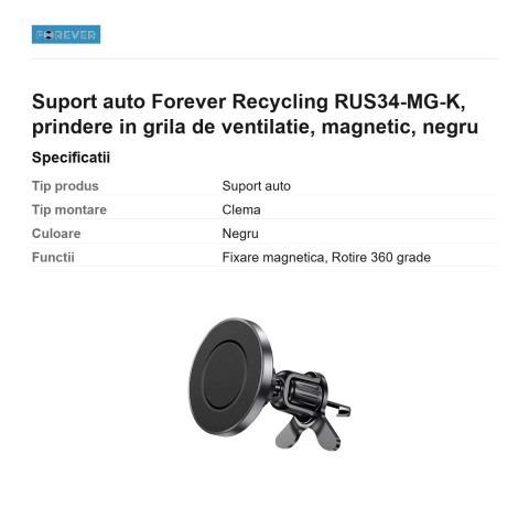 Suport auto Forever Recycling RUS34-MG-K, prindere in grila de ventilatie, magnetic, negru [2]