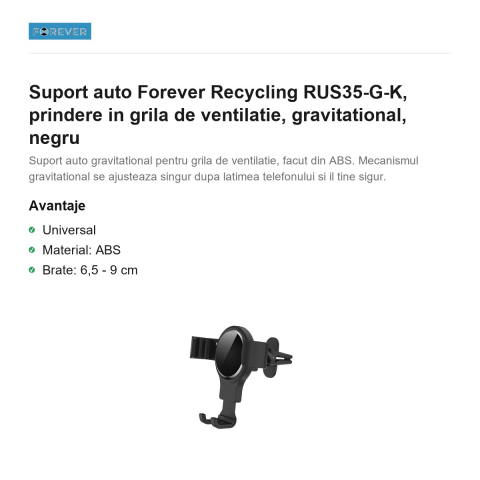 Suport auto Forever Recycling RUS35-G-K, prindere in grila de ventilatie, gravitational, negru [1]