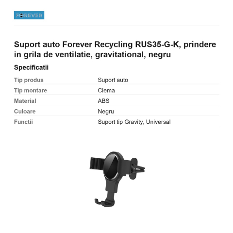 Suport auto Forever Recycling RUS35-G-K, prindere in grila de ventilatie, gravitational, negru [2]
