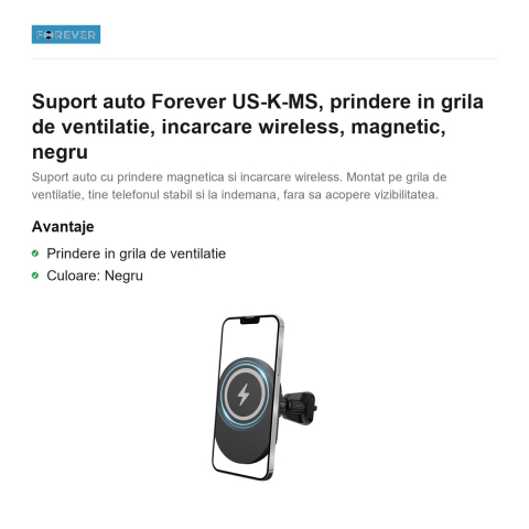 Suport auto Forever US-K-MS, prindere in grila de ventilatie, incarcare wireless, magnetic, negru [1]