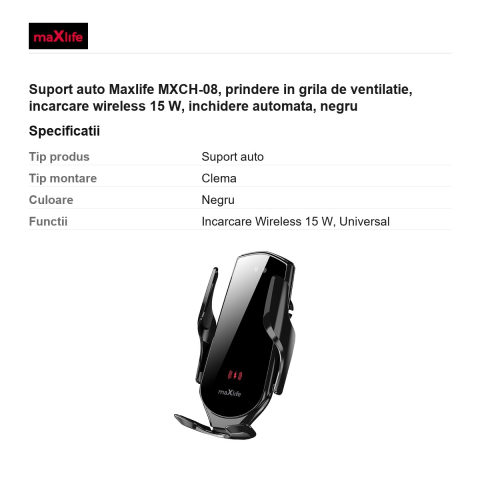 Suport auto Maxlife MXCH-08, prindere in grila de ventilatie, incarcare wireless 15 W, inchidere automata, negru [2]