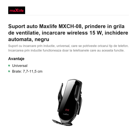 Suport auto Maxlife MXCH-08, prindere in grila de ventilatie, incarcare wireless 15 W, inchidere automata, negru [1]