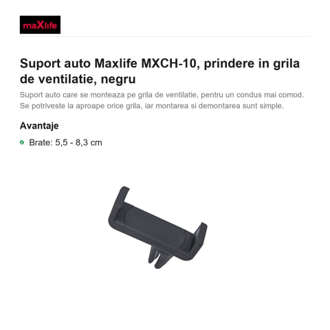 Suport auto Maxlife MXCH-10, prindere in grila de ventilatie, negru [1]