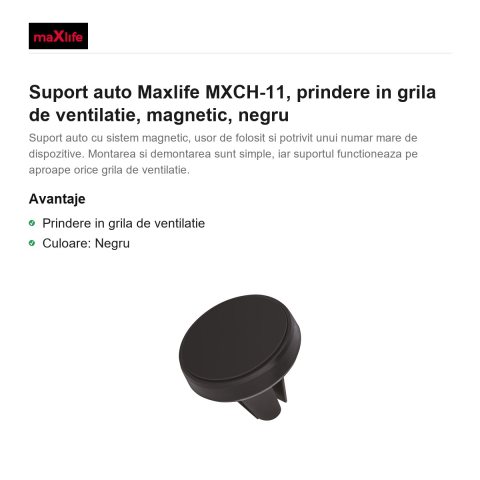 Suport auto Maxlife MXCH-11, prindere in grila de ventilatie, magnetic, negru [1]