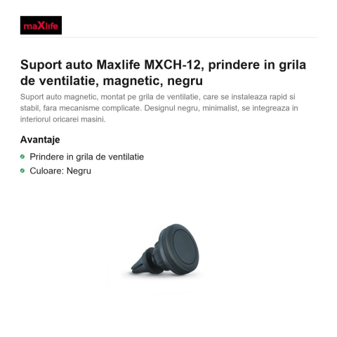 Suport auto Maxlife MXCH-12, prindere in grila de ventilatie, magnetic, negru [1]