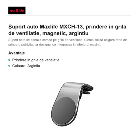 Suport auto Maxlife MXCH-13, prindere in grila de ventilatie, magnetic, argintiu [1]