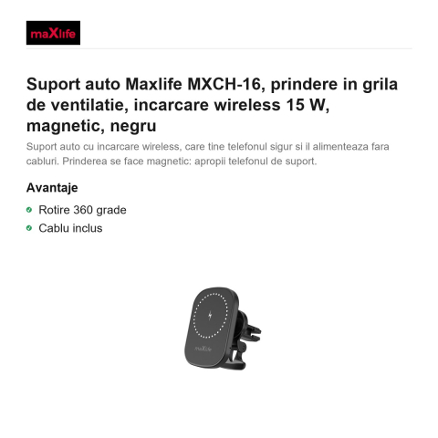 Suport auto Maxlife MXCH-16, prindere in grila de ventilatie, incarcare wireless 15 W, magnetic, negru [1]